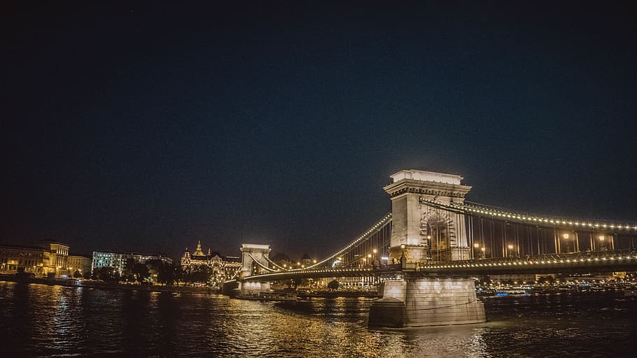 hungary, budapest, lights, night, river, bridge, cityscape HD wallpaper