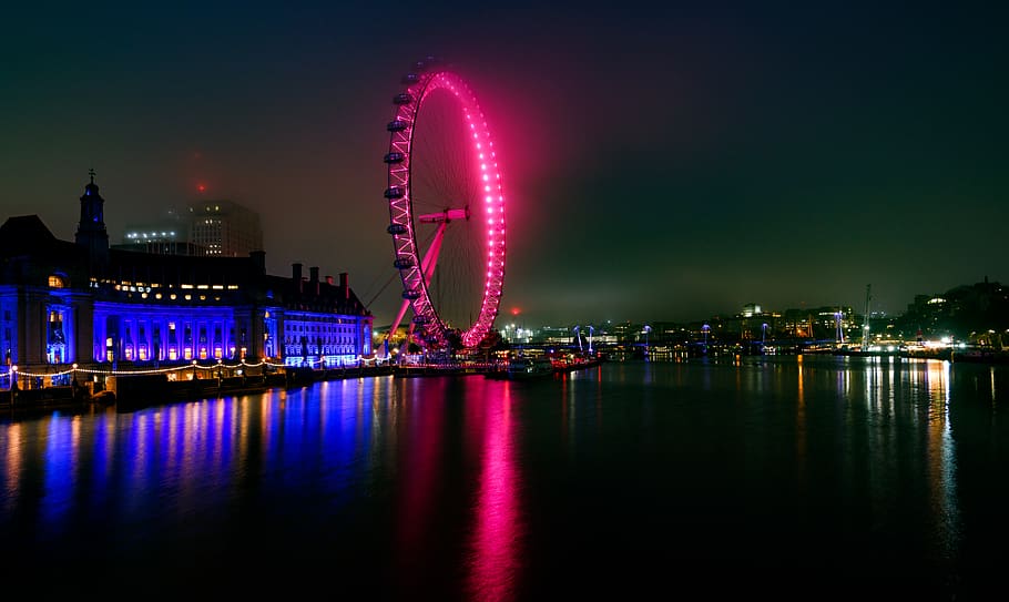 London Eye, amusement park, ferris wheel, lighting, river thames london outdoors winter 2019 fuji fujifilm HD wallpaper