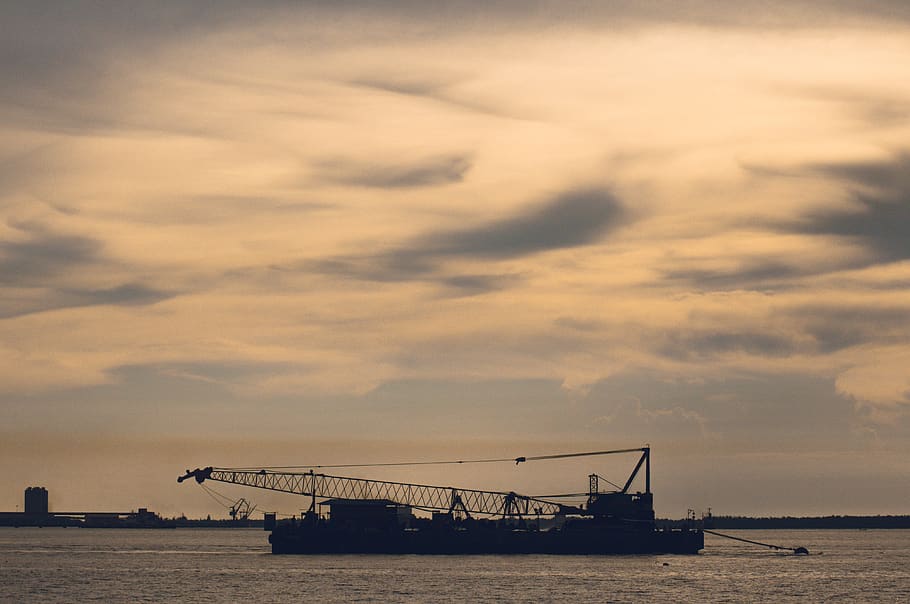 sunset, sea, beach, ship, boat, cargo, horizon, harbor, sky HD wallpaper