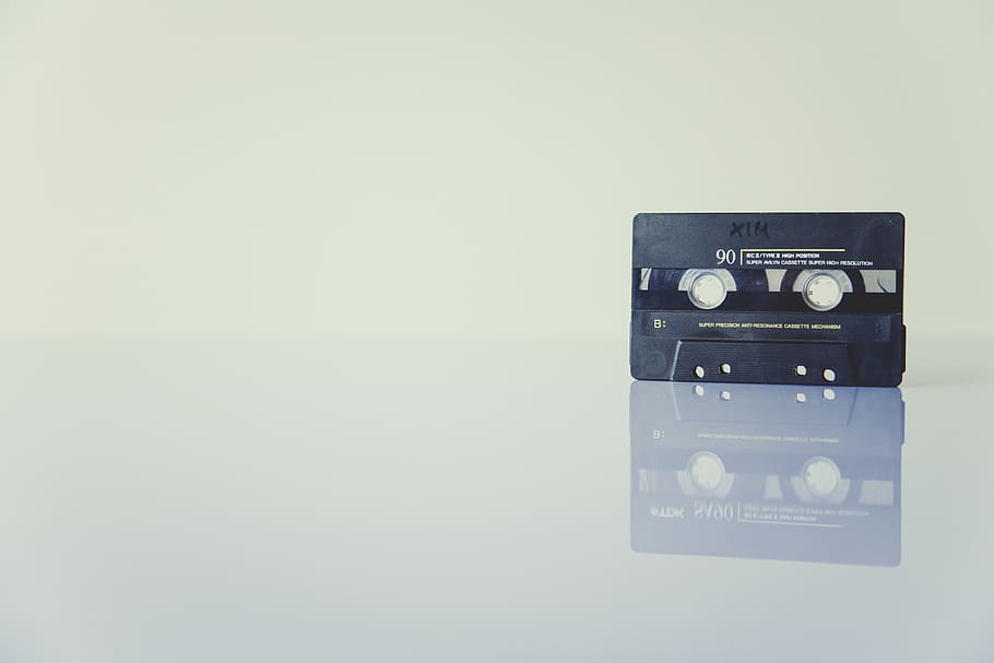 Black Cassette Tape Standing on White Surface, music, record