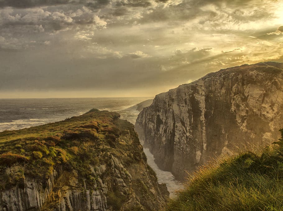 mountain beside ocean, cliff, outdoors, spain, cabo blanco, el franco HD wallpaper