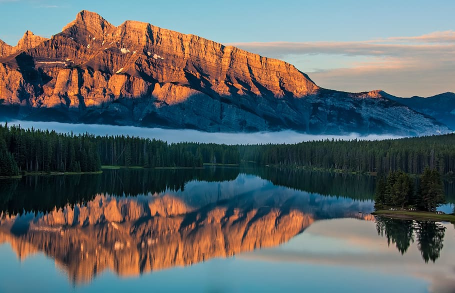 Landscape Photography of Mountain, calm waters, clouds, daylight HD wallpaper
