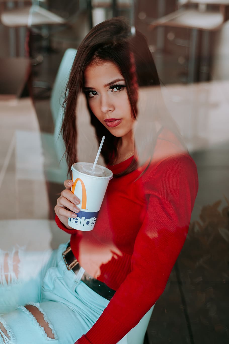 Women's Red Long Sleeve Shirt, beautiful, beverage, blur, casual, HD wallpaper