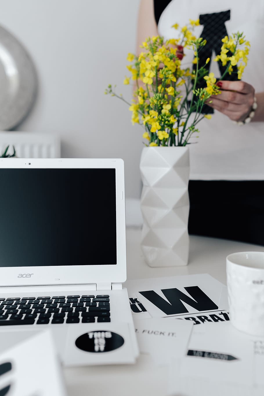 Workspace with yellow flowers, female, minimal, white, workplace HD wallpaper
