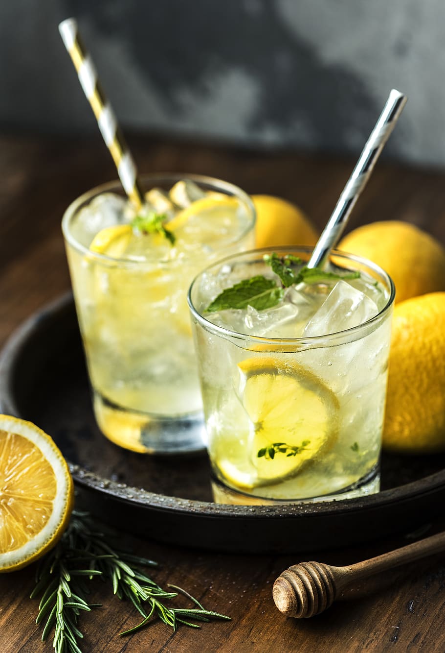Two Shot Glasses Filled With Lemon Juice, beverage, citrus, close-up