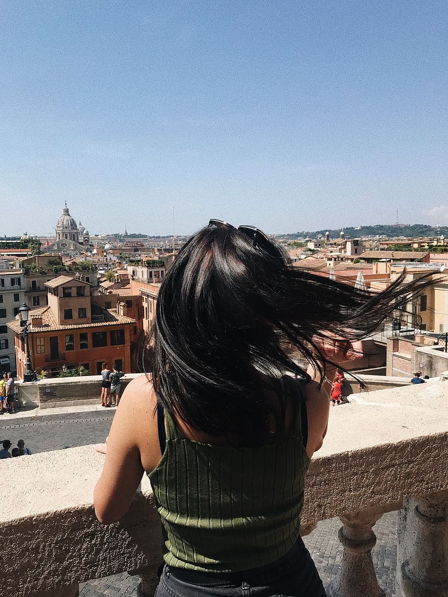 Woman in Green Top Looking the View, architecture, back view HD wallpaper