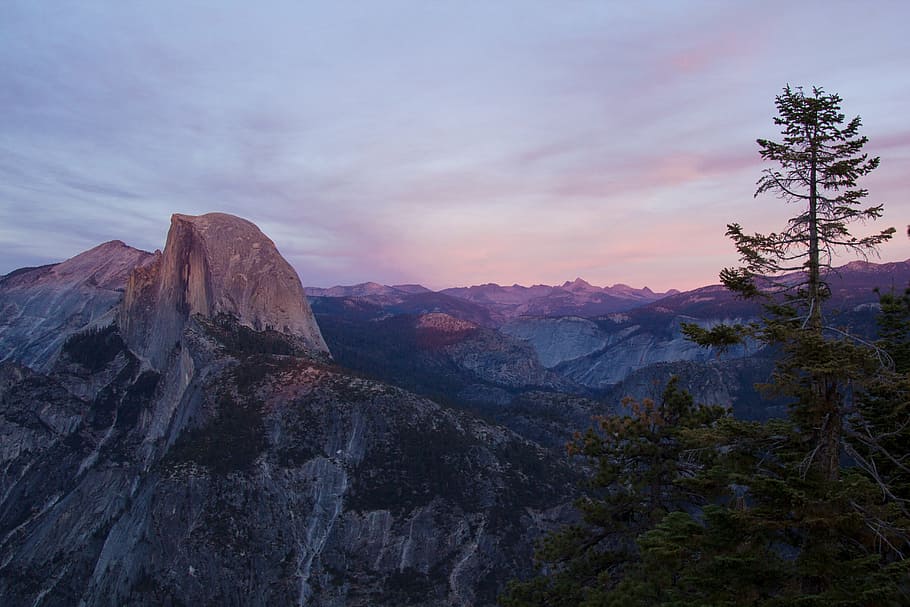 mountain, valley, trees, plant, rock, landscape, nature, sky HD wallpaper