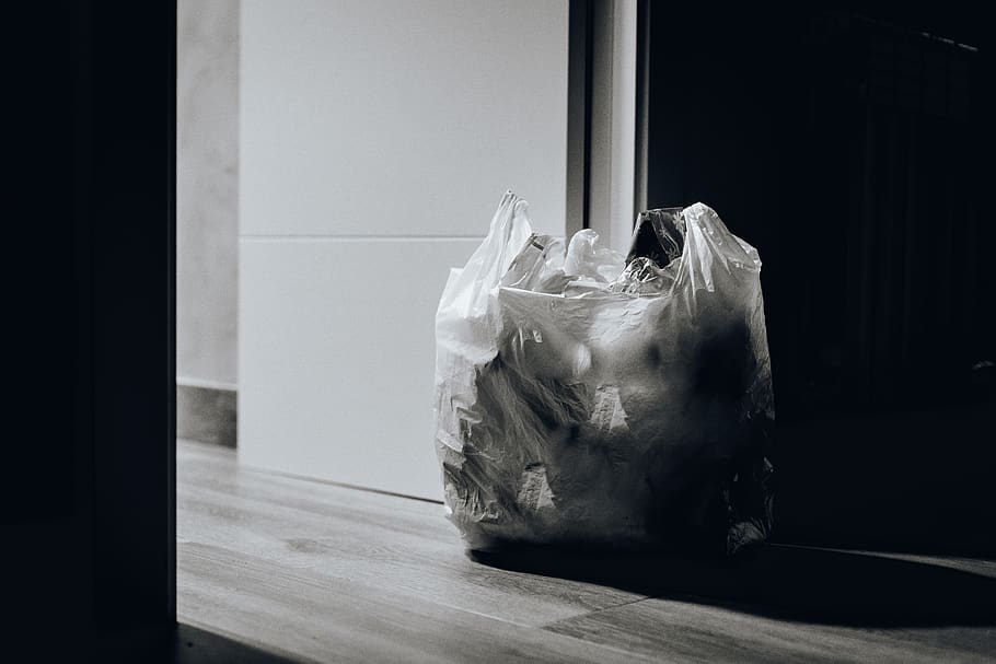 Trash Near Door, black and white, black-, garbage, plastic bag