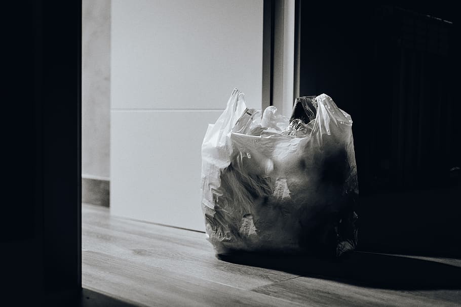 Trash Near Door, black and white, black-, garbage, plastic bag HD wallpaper