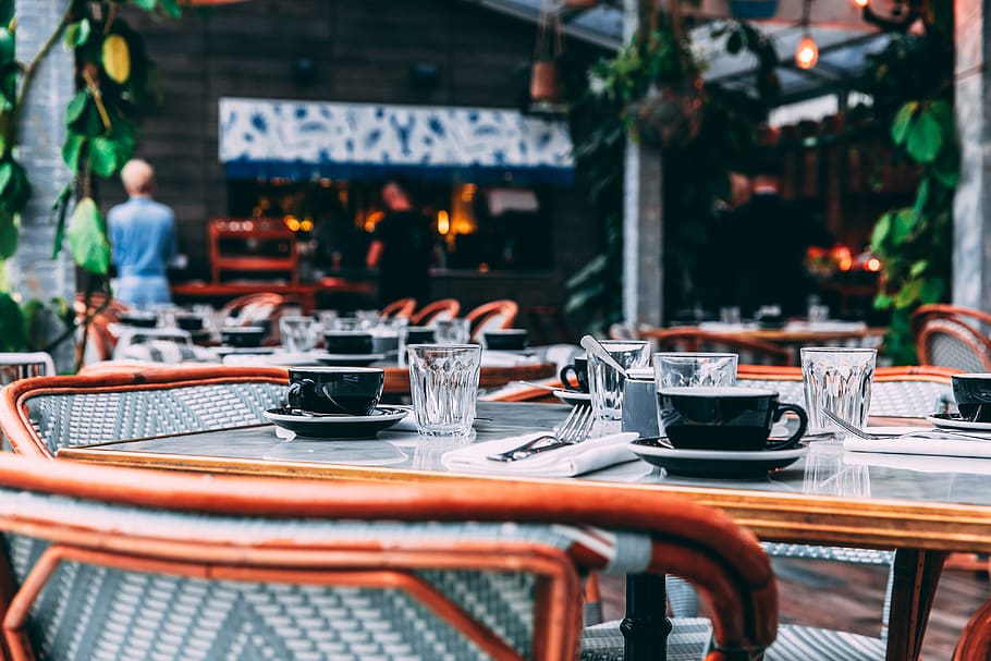 brown framed glass-top table, restaurant, food and drink, chair HD wallpaper