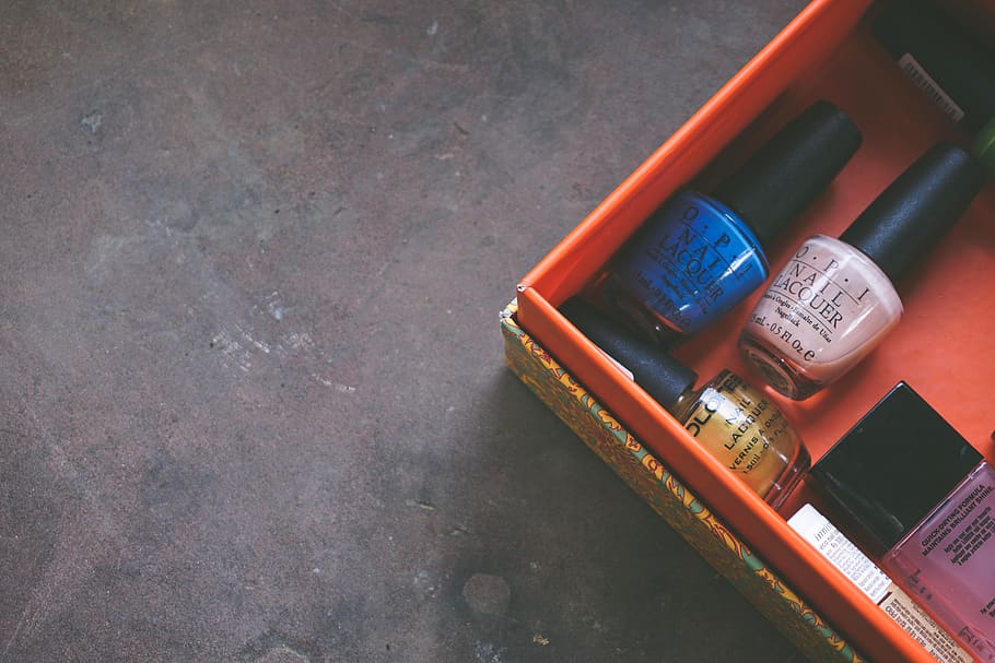 nail polish bottles inside red box, cosmetics, furniture, colors, HD wallpaper