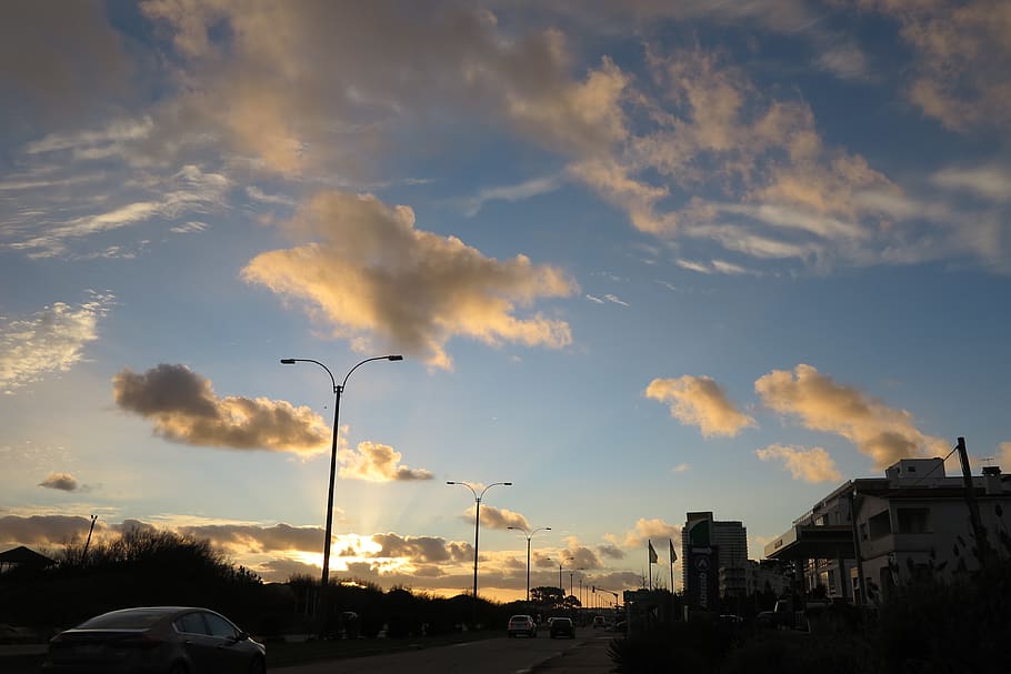 punta del este, uruguay, sun, sunset, street lighting, sky HD wallpaper