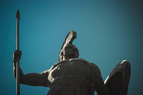 greece, corfu, statue, warrior, giant, shield, achile, sky HD wallpaper