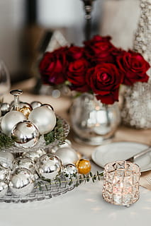 Silver Christmas decorations, xmas, christmas eve, dining, dining room HD wallpaper