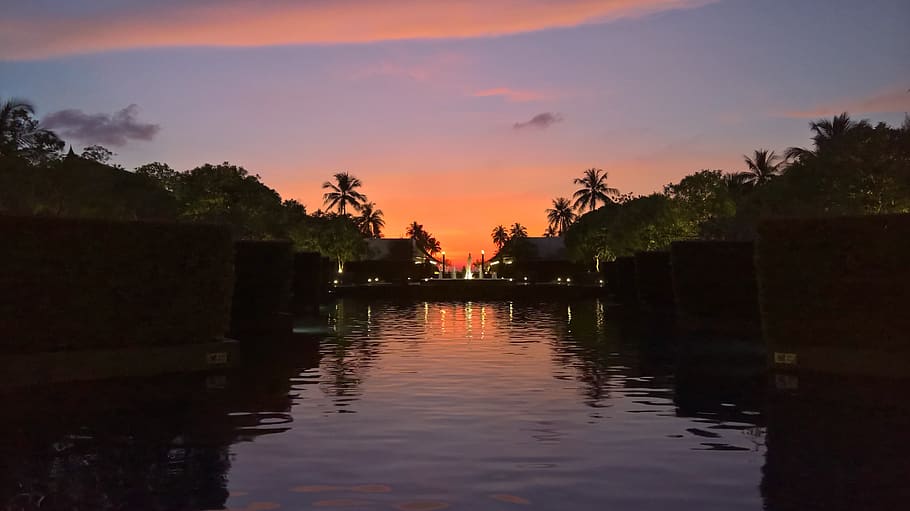 pool, sunset, reflection, clouds, water, sky, tree, waterfront HD wallpaper