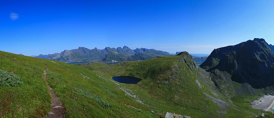 norway, panorama, mountains, rocks, water, lake, green, grass HD wallpaper