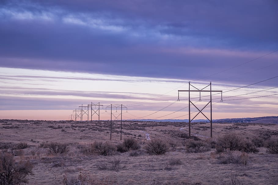 Transmission Tower In Desert, dawn, electricity, environment HD wallpaper