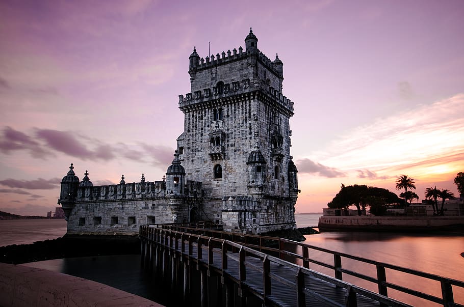 grey concrete castle, sky, architecture, sunset, water, built structure HD wallpaper
