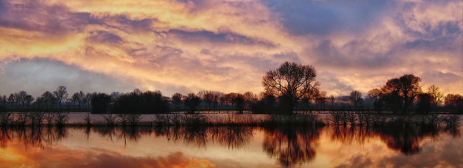 sunset, dawn, waters, nature, panorama, reflection, lake, dusk HD wallpaper