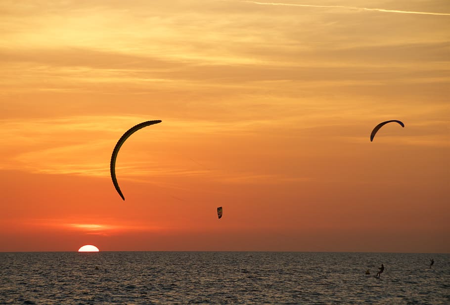 dubai, united arab emirates, jumeirah, kite surfing, sea, sunset