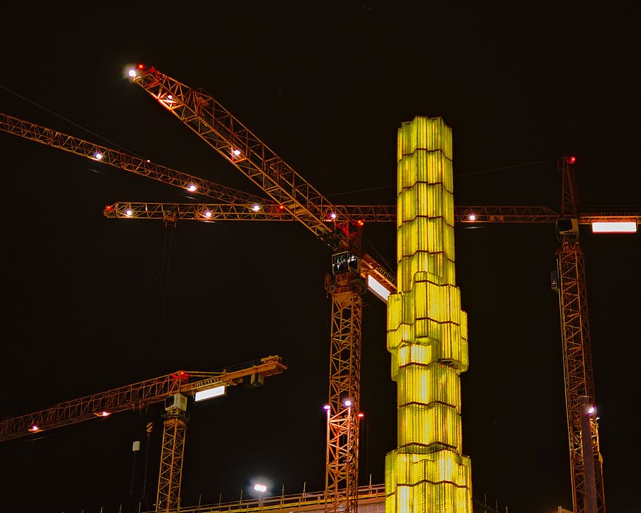construction crane, tower, art, nighttime, grain, urban, film HD wallpaper