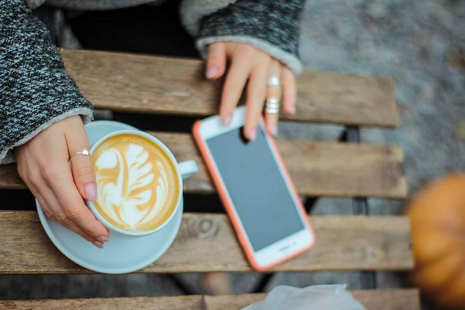 person touch white Android smartphone, human hand, holding, cup HD wallpaper