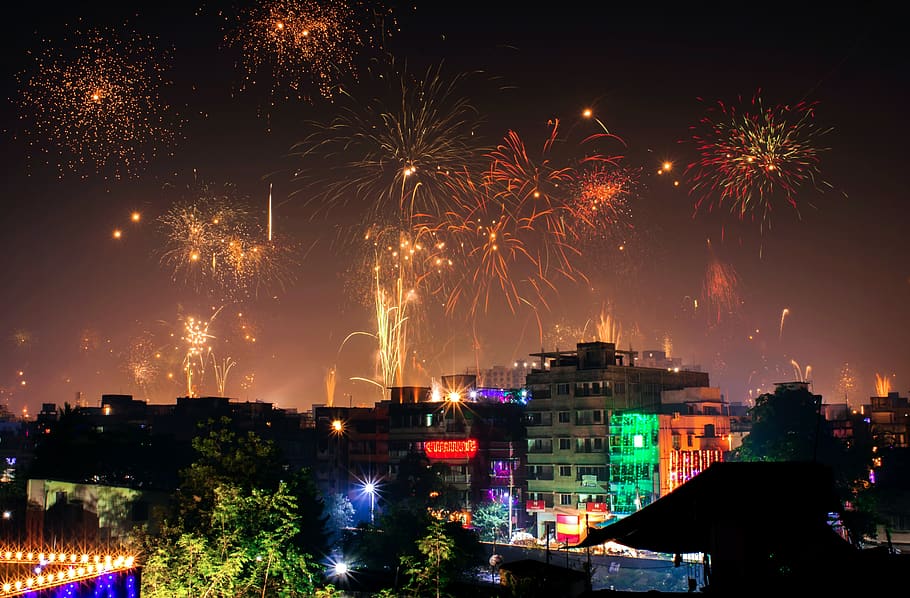 Yellow Fireworks Illustration, city, cityscape, Diwali, downtown, HD wallpaper