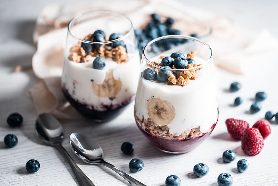 Müsli Yogurt with Blueberries, bananas, breakfast, fit, fitness, HD wallpaper