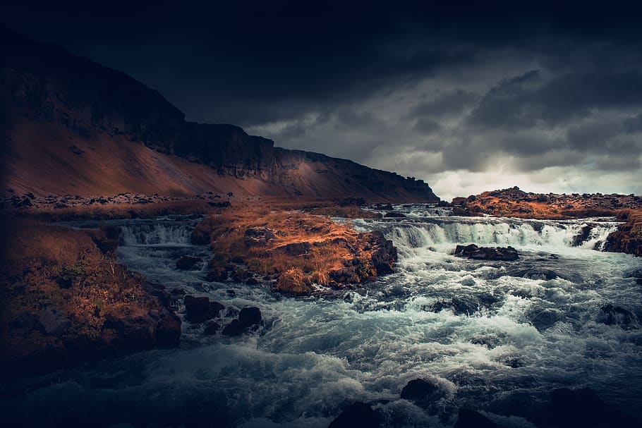 Brown Mountain And Body Of Water, cascade, clouds, cloudy, iceland HD wallpaper