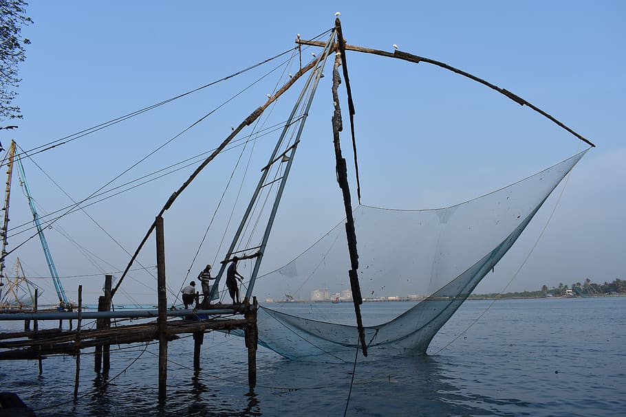 chinese fishing nets, kochi, cochin, india, asia, travel, water, HD wallpaper