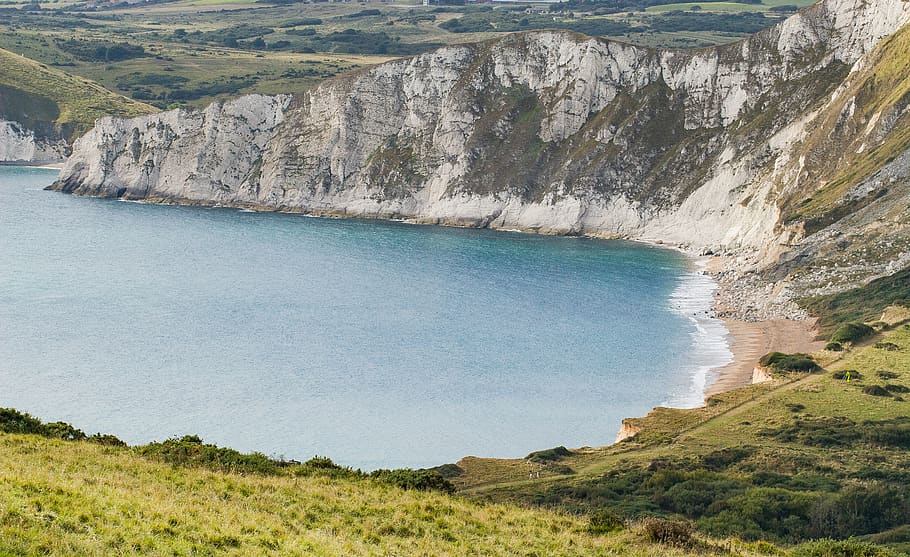 Aerial View of White Cliffs and a Beach, bay, blue, coast, daylight HD wallpaper