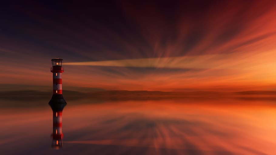 Red and White Lighthouse, backlit, beach, clouds, dark clouds HD wallpaper