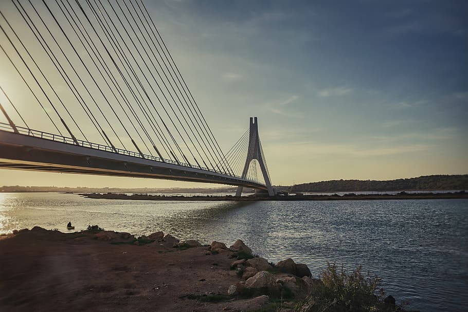 bridge, sunset, road, architecture, dusk, river, water, twilight HD wallpaper