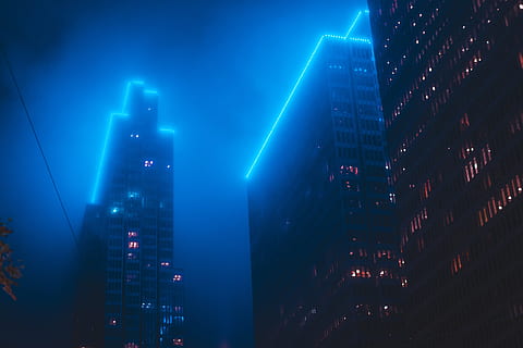 top lighted high-rise building, sky, blue, neon, cyperpunk, vaporwave HD wallpaper
