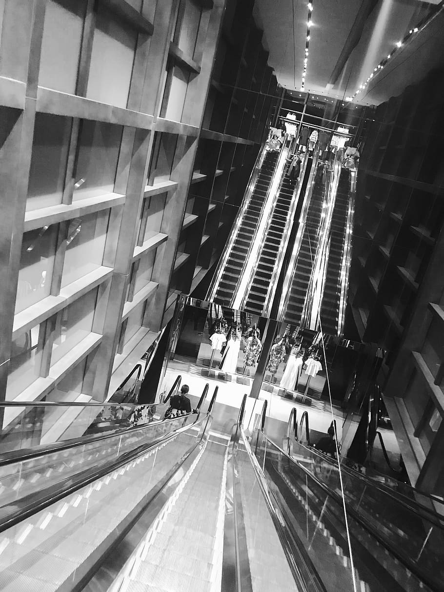 Grey Scale Photo of Escalator, architecture, building, mirror HD wallpaper