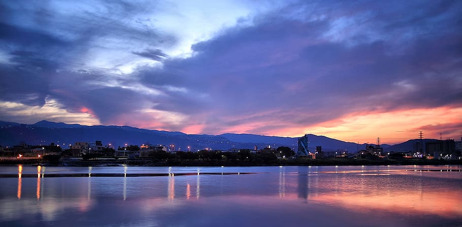 Blue Orange and White Sky over Water and Landscape, clouds, dawn HD wallpaper