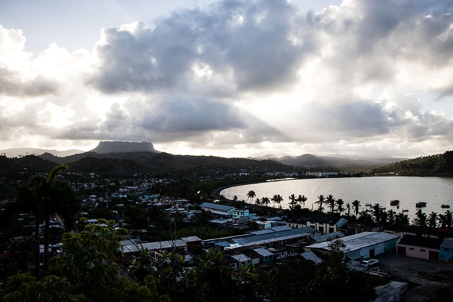 cuba, baracoa, trees, sunset, cloudy, sea, mountain, cloud - sky HD wallpaper