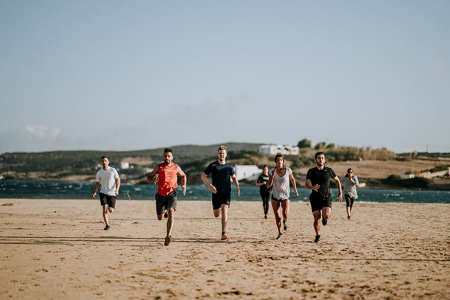 men running on shore, beach, sea, outdoors, ocean, nature, water HD wallpaper