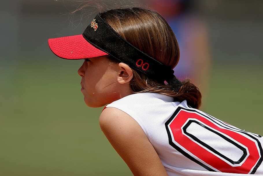 Girl Wearing Red and Black Sun Visor and White and Red Jersey Top HD wallpaper