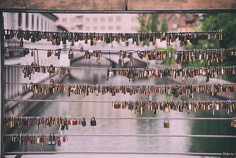 love lock photo with black frame, padlock, symbolic, bridge, keylock HD wallpaper