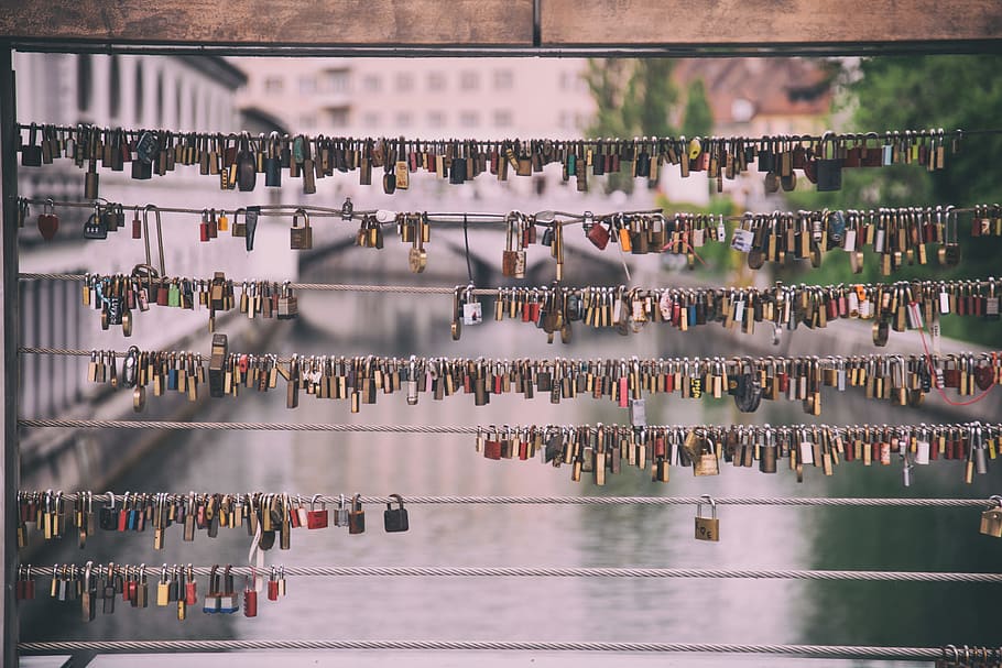 love lock photo with black frame, padlock, symbolic, bridge, keylock, HD wallpaper
