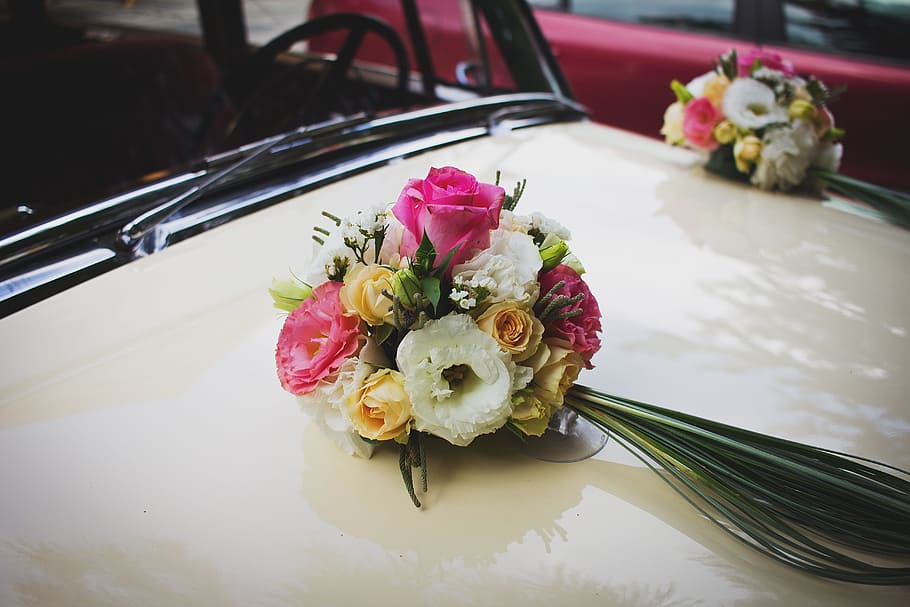 bridal, car, vehicle, wedding, colorful, flower, petal, flowering plant, HD wallpaper