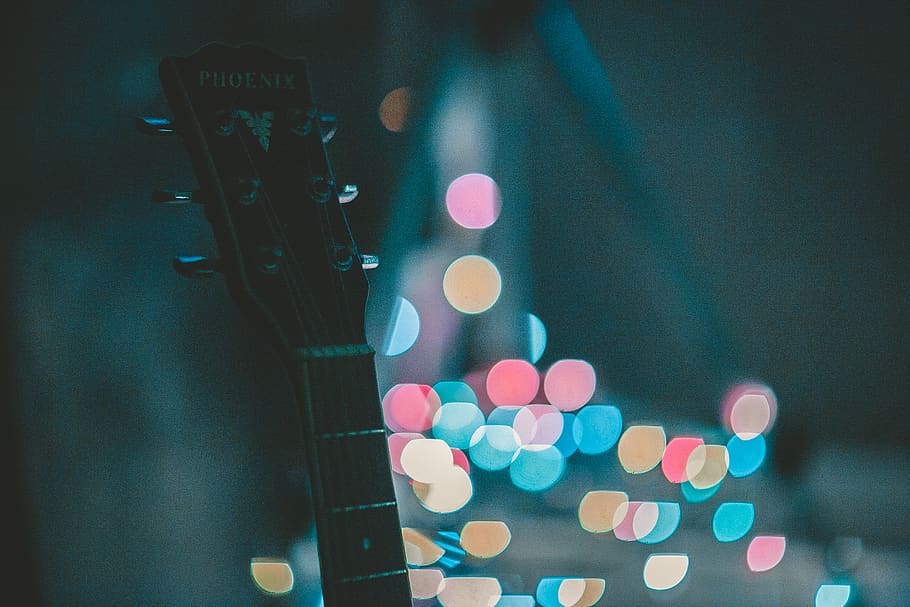Guitar, bokeh, macro, musical instrument, string instrument, illuminated HD wallpaper