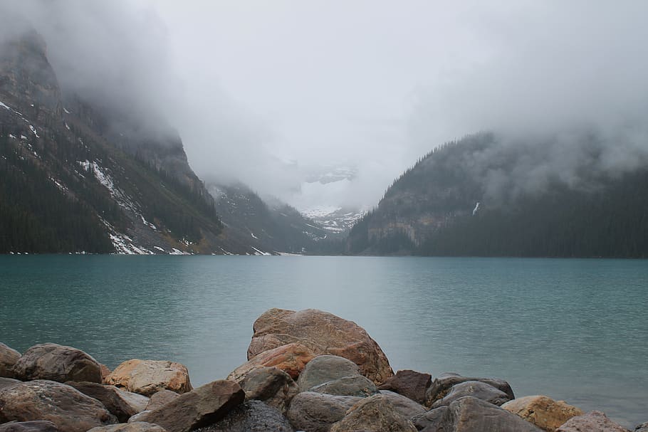 lake louise, canada, mountain, fog, water, scenics - nature, HD wallpaper