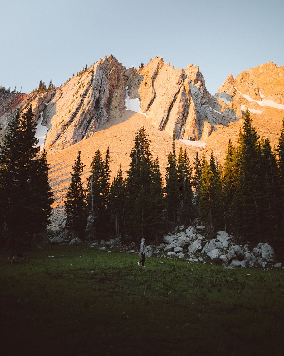 landscape photography of mountains and trees, person, walk, hike HD wallpaper