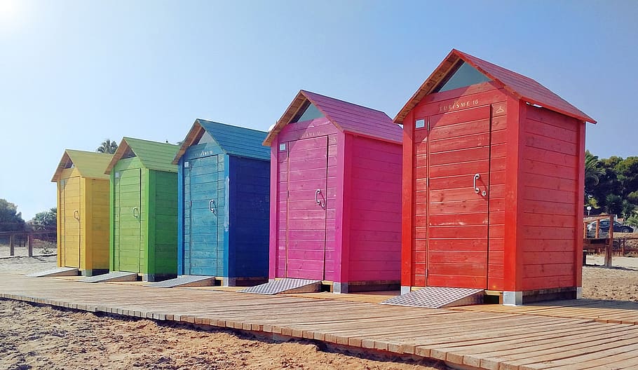 Assorted-colored Wooden Shades, architecture, beach, colorful, HD wallpaper