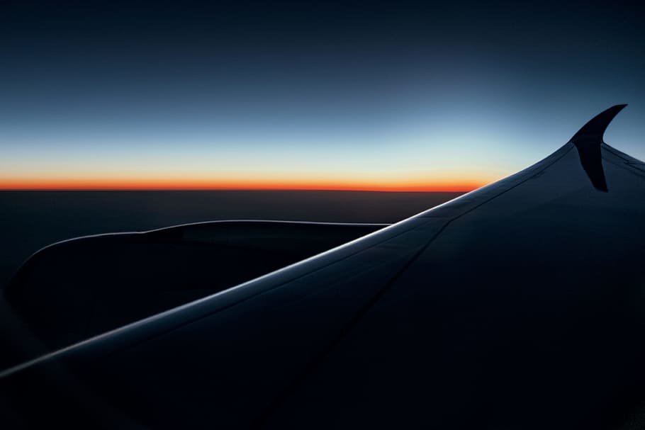 wing, sky, sunset, sunrise, outdoors, landscape, horizon, airplane HD wallpaper