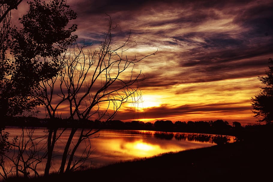 sunset, landscape, nature, light, sky, clouds, horizon, trees HD wallpaper