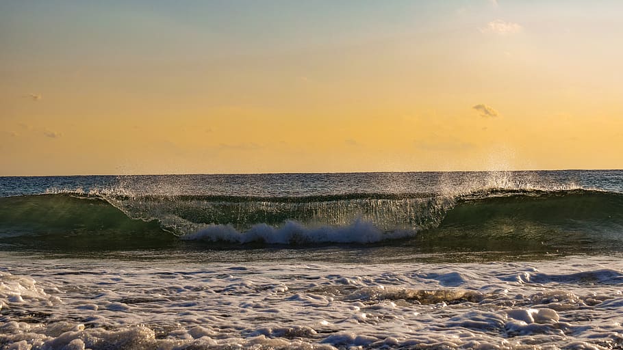 wave, sunset, sea, evening, sky, clouds, nature, seascape, ocean HD wallpaper