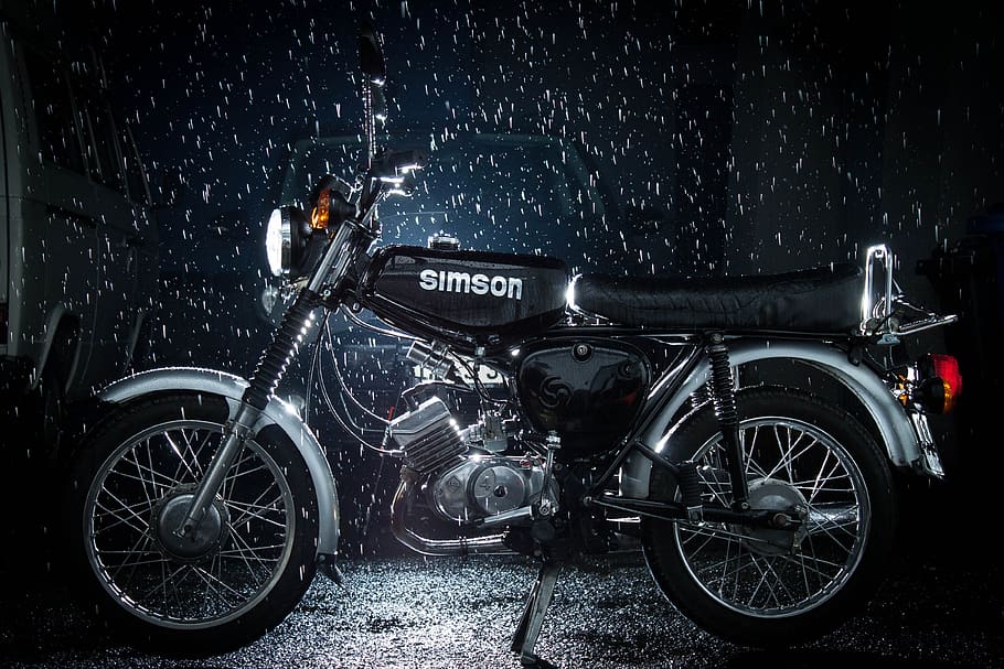 simson s51, ddr, rain, moped, suhl, night, dark, east, transportation, HD wallpaper
